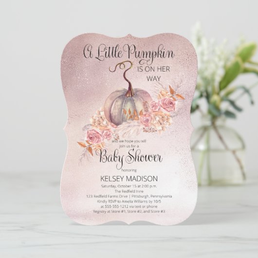 Een kleine pompoen bloeit roze Baby shower Kaart (Staand voorkant)