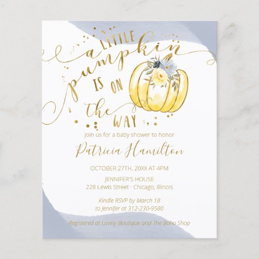Een kleine pompoen budget babyshower uitnodiging (Voorkant)