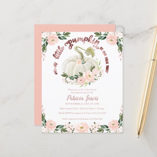 Een kleine pompoen budget babyshower uitnodiging (Voorkant / Achterkant in situ)