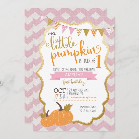 Een kleine pompoen eerste verjaardag uitnodiging (Voorkant / Achterkant)