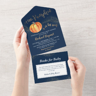 Een kleine Pompoen Goud Navy Blauwe Baby Shower All In One Uitnodiging