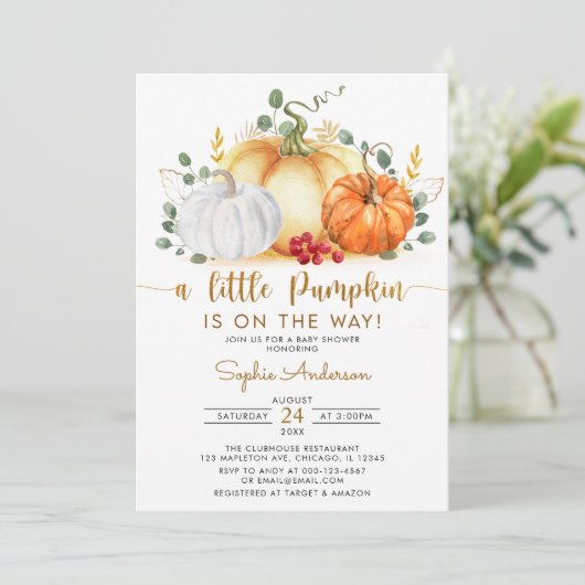 Een kleine pompoen goudglitters Herfst Baby shower Kaart (Staand voorkant)