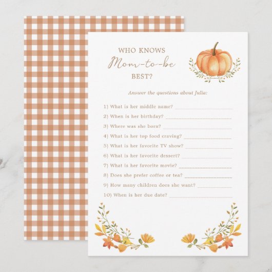 Een kleine pompoen Herfst | Baby shower Game Kaart (Voorkant / Achterkant)