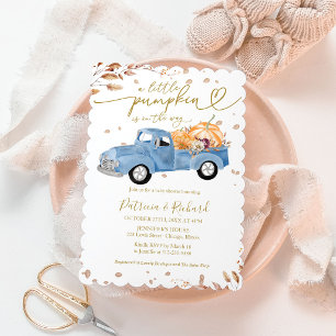 Een Kleine Pompoen Herfst Jongen Baby Shower Blauw Kaart