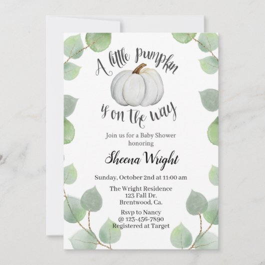 Een kleine pompoen is onderweg, herfst baby shower kaart (Voorkant)