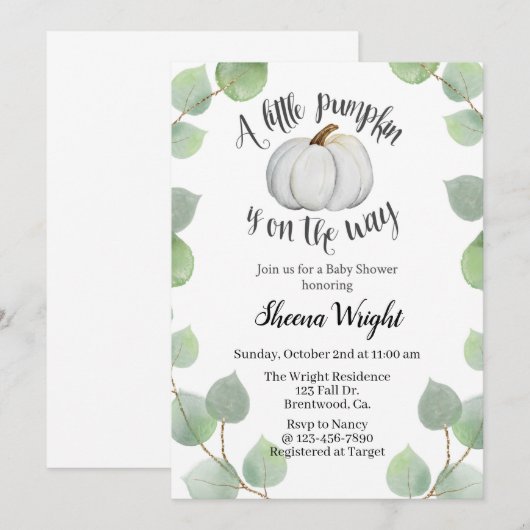 Een kleine pompoen is onderweg, herfst baby shower kaart (Voorkant / Achterkant)