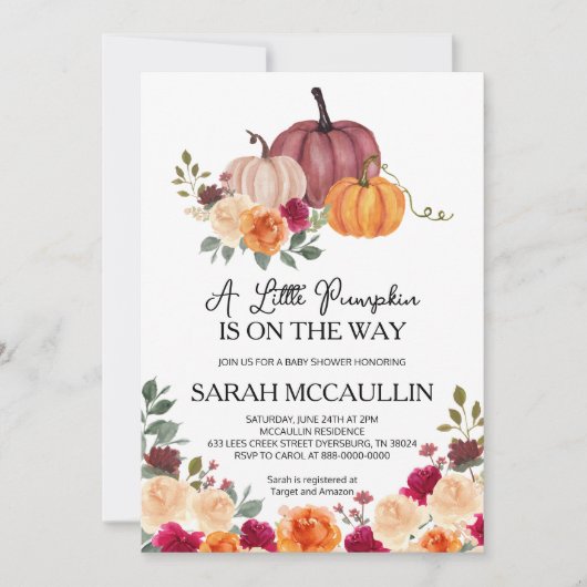 Een kleine pompoen is onderweg naar Baby shower In Kaart (Voorkant)