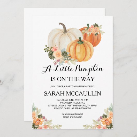 Een kleine pompoen is onderweg naar Baby shower In Kaart (Voorkant / Achterkant)