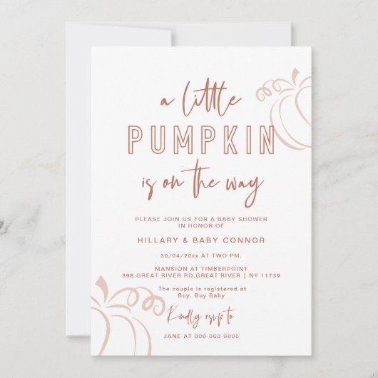 Een kleine pompoen is onderweg naar Baby shower Kaart (Voorkant)