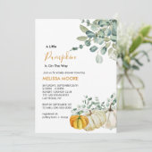 Een kleine pompoen is onderweg naar baby shower kaart (Staand voorkant)