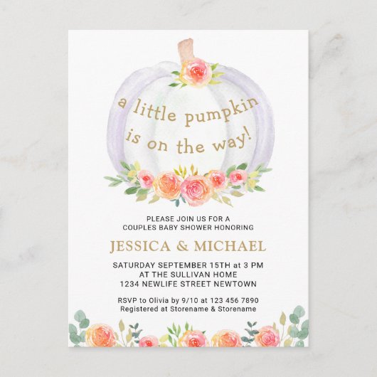 Een kleine pompoen is onderweg naar het Baby showe Uitnodiging Briefkaart (Voorkant)