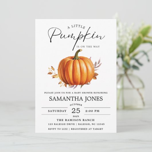 Een kleine pompoen is op de weg Herfst Baby shower Kaart (Staand voorkant)