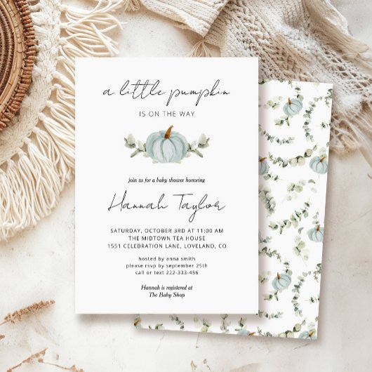 Een kleine pompoen is op het Way Blue Baby shower Kaart