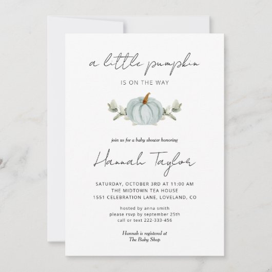 Een kleine pompoen is op het Way Blue Baby shower Kaart (Voorkant)