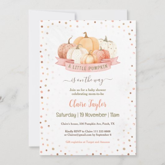 Een kleine pompoen is op weg meisje Baby shower Kaart (Voorkant)