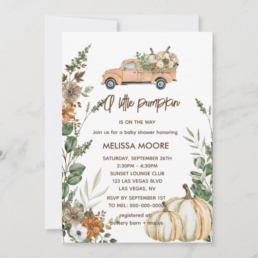 Een kleine pompoen is op weg meisje baby shower kaart (Voorkant)