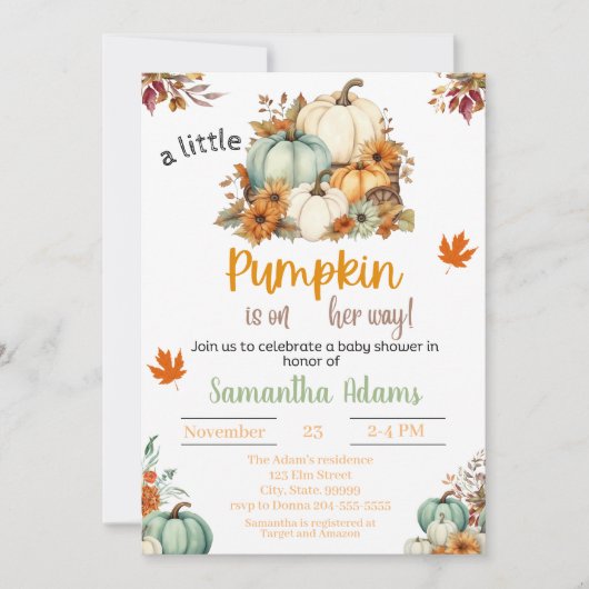 Een kleine pompoen is op weg naar Baby shower Kaart (Voorkant)