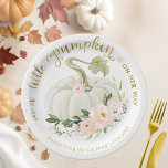 Een kleine pompoen is op weg naar Baby shower Papieren Bordje<br><div class="desc">Lichtroze florale waterverf, faux foil kalligrafie, roomkin baby shower op basis van herfst bord. Eenvoudig aan te passen met uw details. Neem contact met me op via chat als je vragen hebt over het kunstwerk of je moet aanpassen. OPMERKING: voor hulp bij bestellingen, verzendgegevens, productinformatie, enz., neemt u rechtstreeks contact...</div>