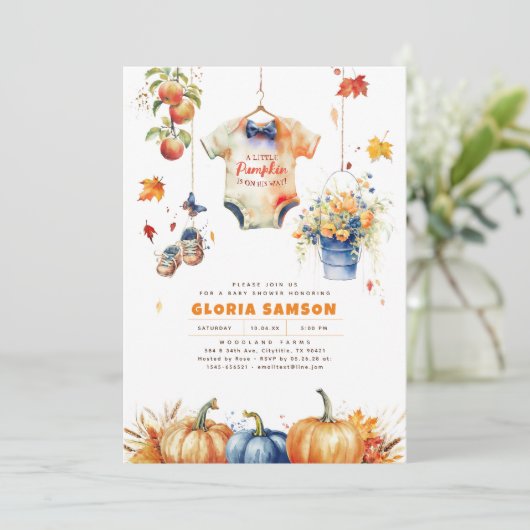 Een kleine pompoen is op weg naar Herfst Baby show Kaart (Staand voorkant)