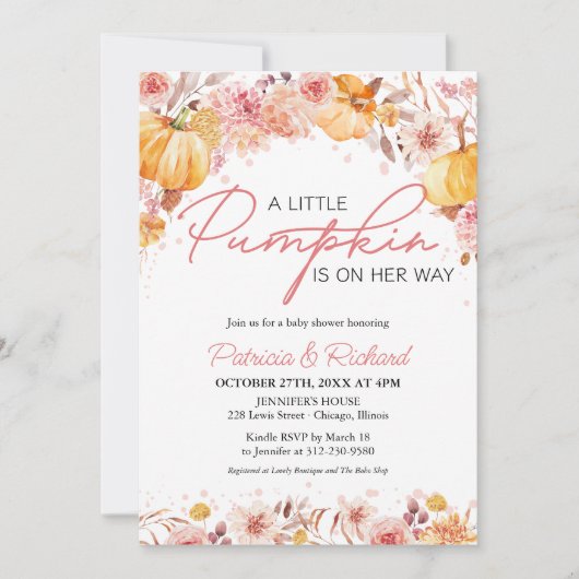 Een kleine pompoen is op weg naar het Baby shower Kaart (Voorkant)