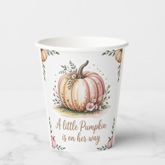 Een kleine pompoen is op weg naar het Baby shower Papieren Bekers (Voorkant)