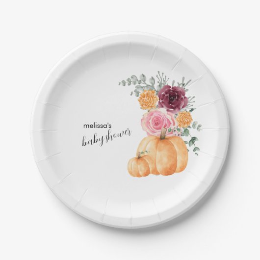 Een kleine pompoen is op weg naar het baby shower  papieren bordje (Voorkant)