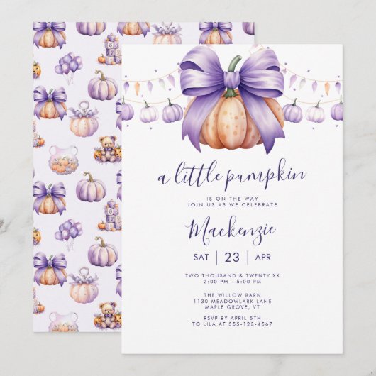 Een Kleine Pompoen Paarse Baby Shower Kaart (Voorkant / Achterkant)