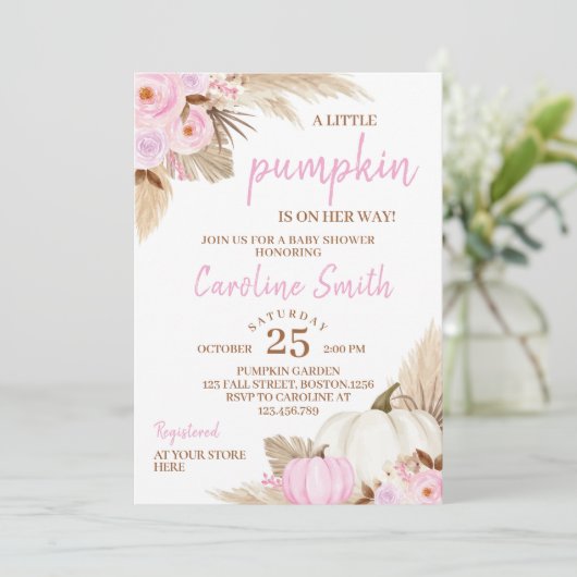 Een kleine pompoen roze Baby shower uitnodiging (Staand voorkant)