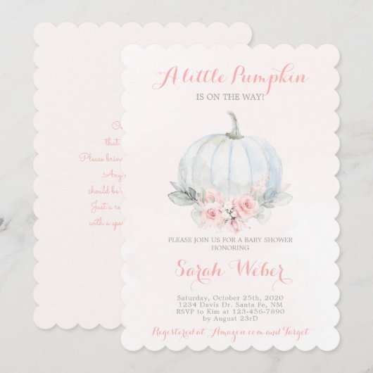 Een kleine pompoen roze herfst baby shower meisje kaart (Voorkant / Achterkant)