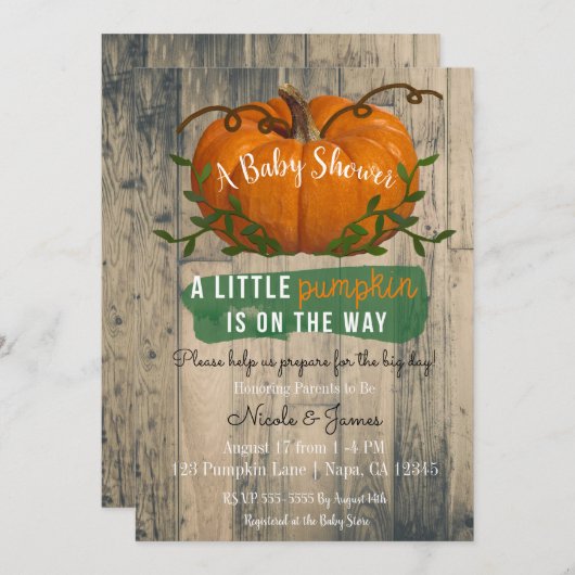 Een kleine pompoen Rustic Baby shower uitnodiging (Voorkant / Achterkant)
