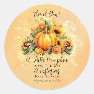 Een kleine pompoen   Zonnebloemen Herfst Baby show Ronde Sticker
