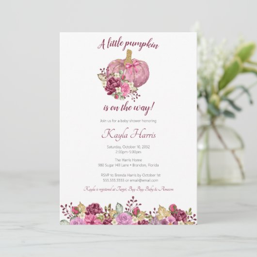 Een kleine pompoenbrij en een herfst baby shower kaart (Staand voorkant)