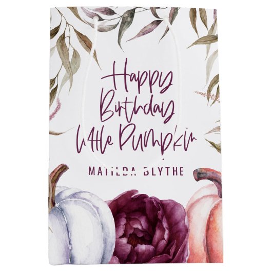 Een kleine pompoenflorale herfst verjaardagsfeest medium cadeauzakje (Voorkant)