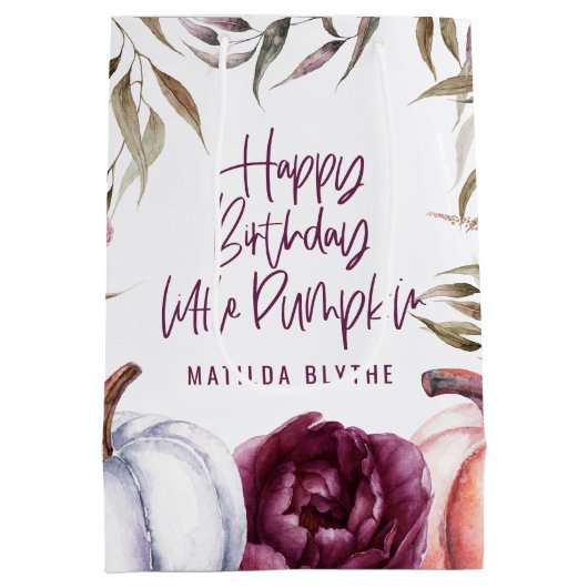 Een kleine pompoenflorale herfst verjaardagsfeest medium cadeauzakje (Achterkant)