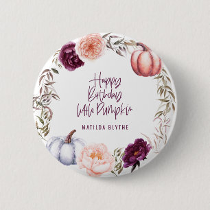 Een kleine pompoenflorale herfst verjaardagsfeest ronde button 5,7 cm