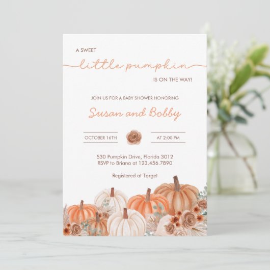Een kleine pompoenHerfst Baby shower | Genderneutr Kaart (Staand voorkant)