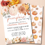 Een kleine pompoenherfst Herfst Floral Baby shower Kaart<br><div class="desc">Ben je op zoek naar herfst babydoucheuitnodigingen? Bekijk deze kleine pompoenherfst Boho Herfst Floral Baby shower uitnodiging. Het heeft mooie waterverven aan de voorkant en een pompoen patroon op de zwarte roze achterkant. U kunt de uitnodiging zeer gemakkelijk personaliseren. Het perfecte thema voor elke boze herfstfeest baby shower.</div>