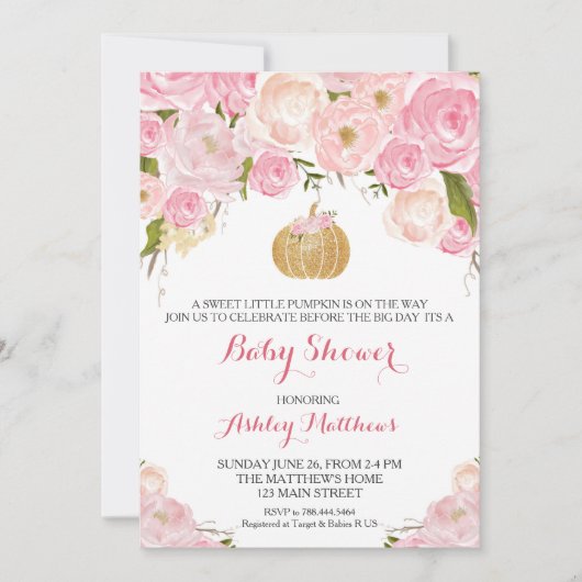 Een kleine pompoenroze Baby shower en goudglitter Kaart (Voorkant)