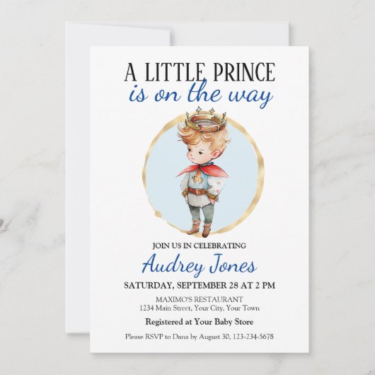 Een kleine prins is op weg naar het Baby shower Kaart (Voorkant)