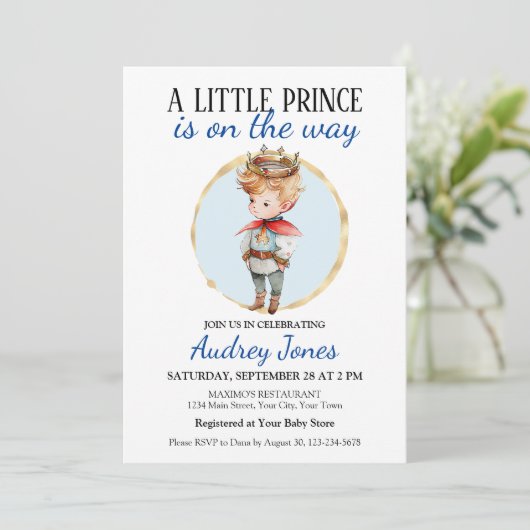 Een kleine prins is op weg naar het Baby shower Kaart (Staand voorkant)