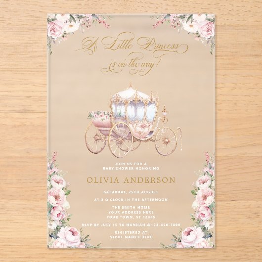 Een kleine prinses koets roze bloemig Baby shower Acryl Uitnodigingen (Voorkant)