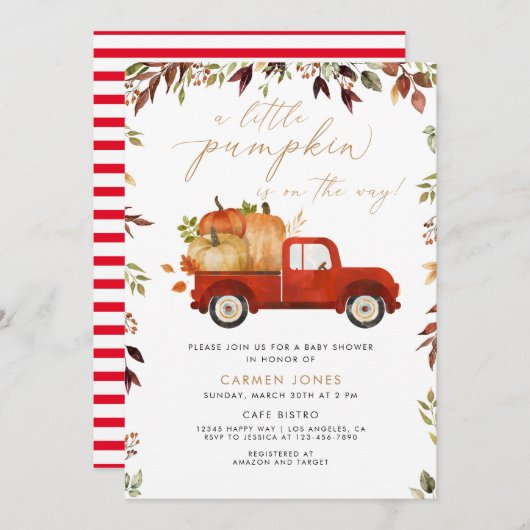 Een kleine rode pompoen vrachtwagen herfst baby sh kaart (Voorkant / Achterkant)