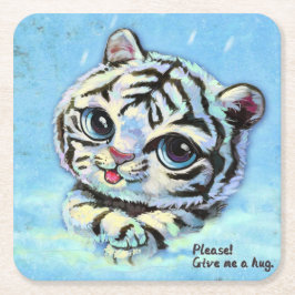 Een kleine schattige tijgerkat, geef me alsjeblief kartonnen onderzetters