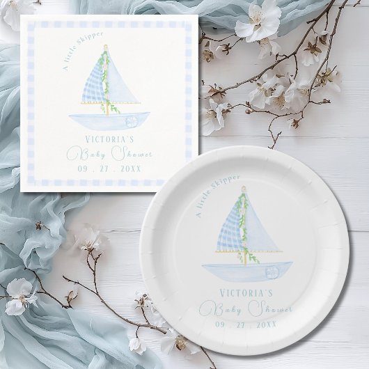 Een kleine schipper zeilboot blauw Baby shower Papieren Bordje