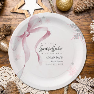 Een kleine Sneeuwvlok Roze Strik Glitter Baby Show Papieren Bordje