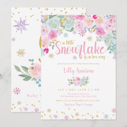 Een kleine Snowflake Baby Girl Shower-uitnodiging Kaart (Voorkant / Achterkant)