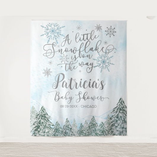 Een kleine Snowflake Blue Baby shower achtergrond Wandkleed (Voorkant)