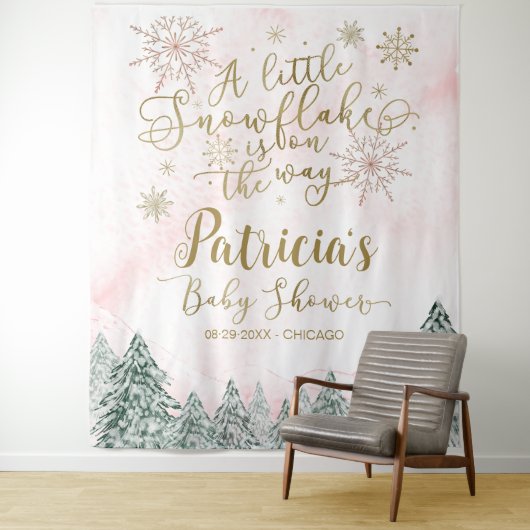 Een kleine Snowflake roze Baby shower achtergrond Wandkleed (In situ)