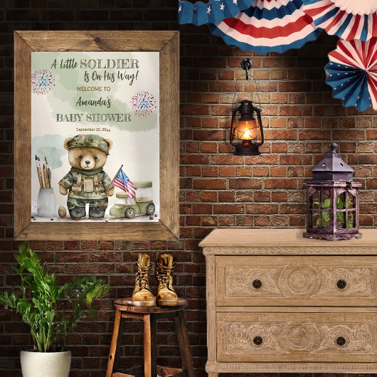 Een kleine soldaat teddybeer babyshower poster