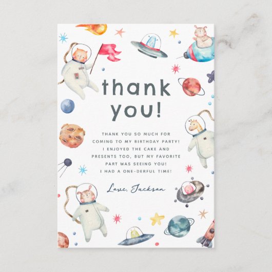 Een kleine stap | Space Animals 1e verjaardagsfees Bedankkaart (Voorkant)